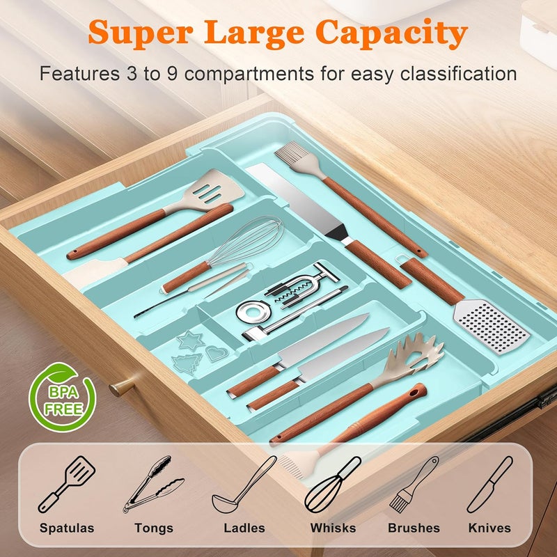 Spaclear Large Utensil Drawer Organizer Expandable Silverware Organizer for Kitchen Drawer Adjustable Cooking Utensil Holder Cutlery Flatware Tray Spatula Tools Gadgets Storage Dividers Plastic Turquoise - Image 2